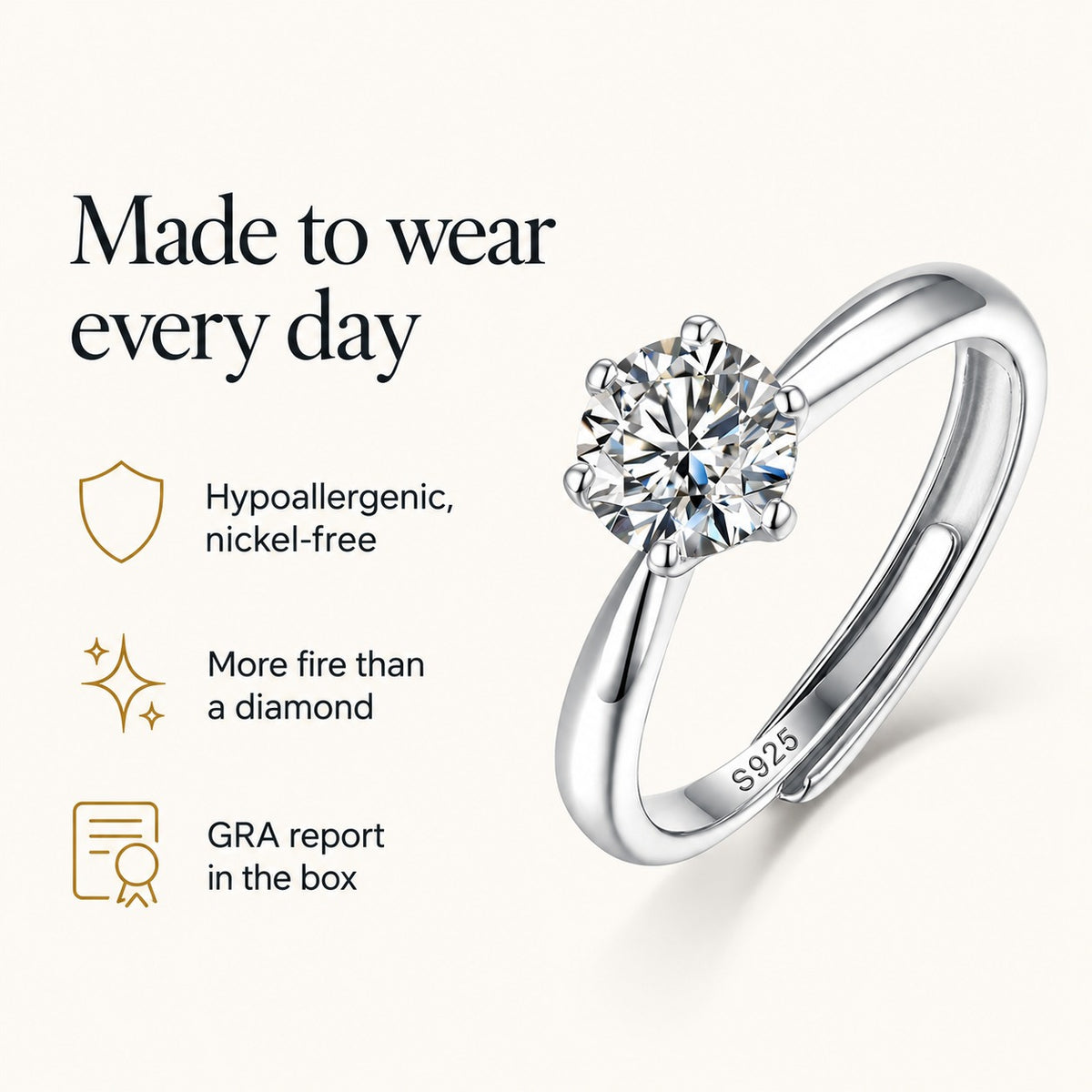 Six-Claws moissanite ring: hypoallergenic nickel-free, more fire than a diamond, GRA report in the box