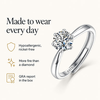 Six-Claws moissanite ring: hypoallergenic nickel-free, more fire than a diamond, GRA report in the box
