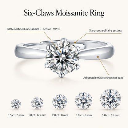 Six-Claws moissanite solitaire ring: GRA-certified D color VVS1 moissanite, six-prong setting, adjustable 925 sterling silver band; stone sizes 0.5 ct 5 mm, 1.0 ct 6.5 mm, 2.0 ct 8 mm, 3.0 ct 9 mm, 5.0 ct 11 mm