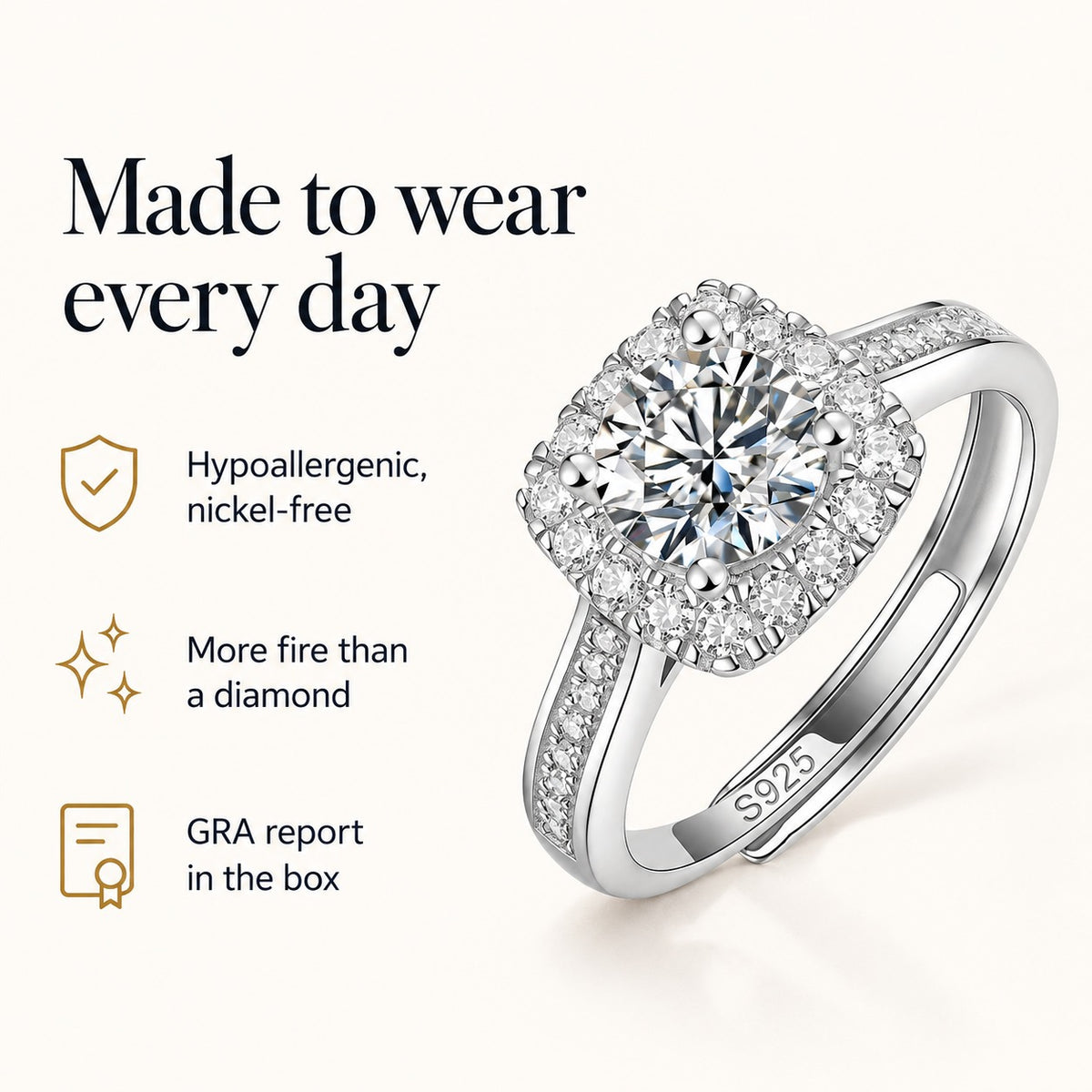Quadro moissanite ring: hypoallergenic nickel-free, more fire than a diamond, GRA report in the box