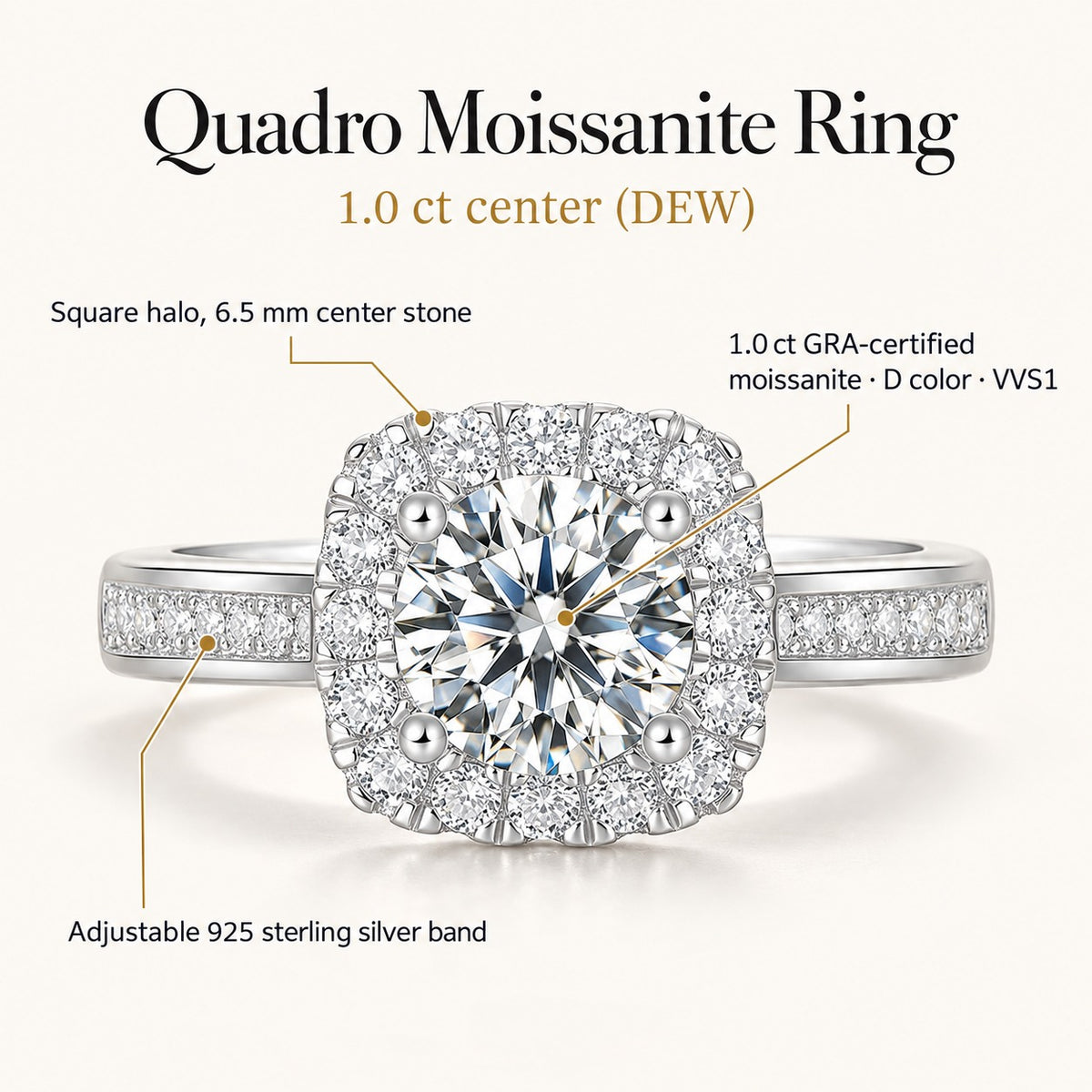 Quadro moissanite ring: 1.0 ct GRA-certified D color VVS1 moissanite, square halo, 6.5 mm center stone, adjustable 925 sterling silver band