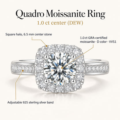 Quadro moissanite ring: 1.0 ct GRA-certified D color VVS1 moissanite, square halo, 6.5 mm center stone, adjustable 925 sterling silver band