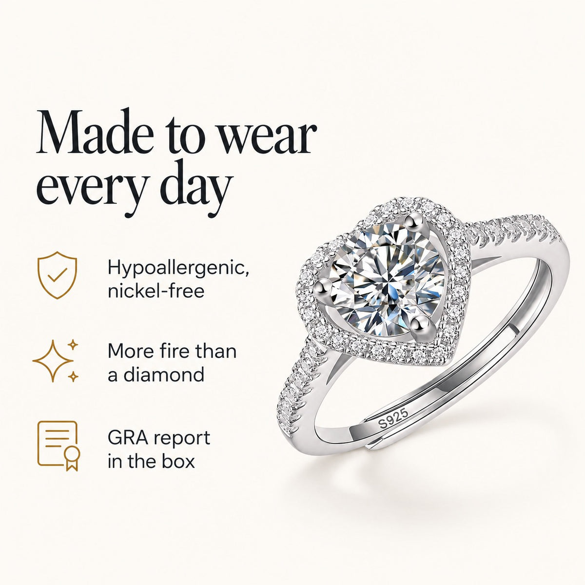 Heartfelt moissanite ring: hypoallergenic nickel-free, more fire than a diamond, GRA report in the box
