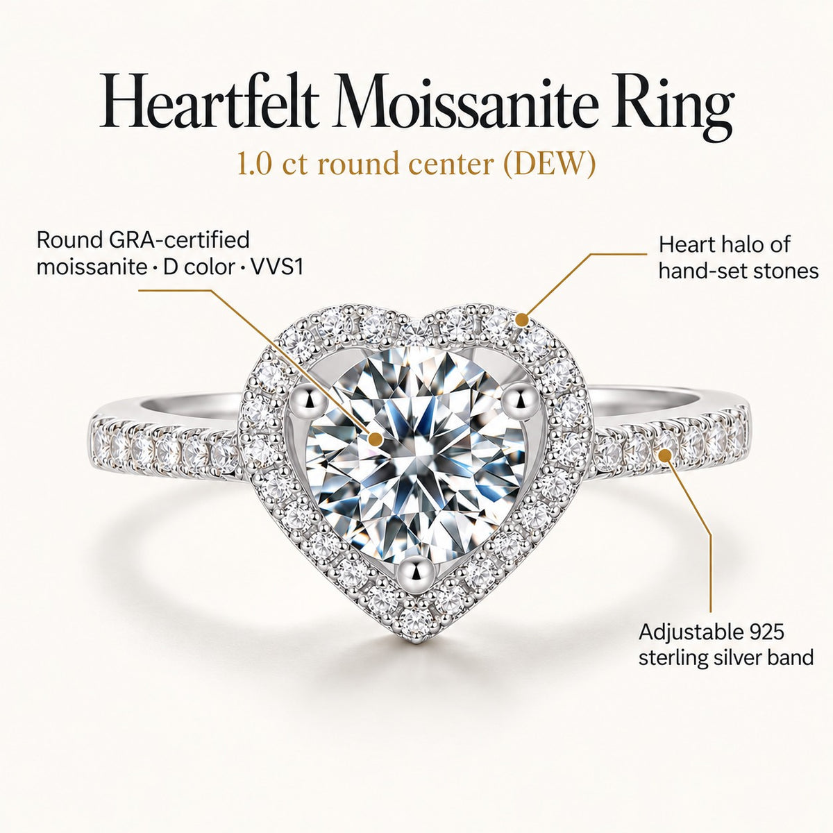 Heartfelt moissanite ring: 1.0 ct round GRA-certified D color VVS1 moissanite in a heart halo of hand-set stones, adjustable 925 sterling silver band