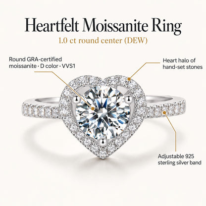 Heartfelt moissanite ring: 1.0 ct round GRA-certified D color VVS1 moissanite in a heart halo of hand-set stones, adjustable 925 sterling silver band