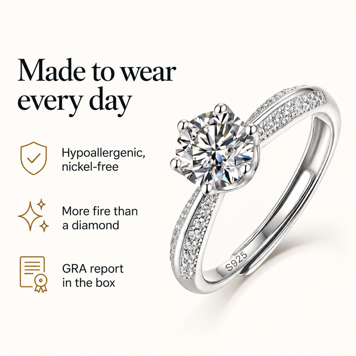 Kingdom moissanite ring: hypoallergenic nickel-free, more fire than a diamond, GRA report in the box