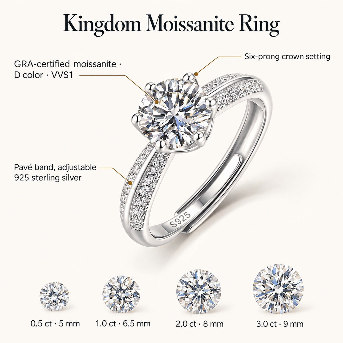 Kingdom moissanite ring: GRA-certified D color VVS1 moissanite, six-prong crown setting, pave band, adjustable 925 sterling silver; stone sizes 0.5 ct 5 mm, 1.0 ct 6.5 mm, 2.0 ct 8 mm, 3.0 ct 9 mm