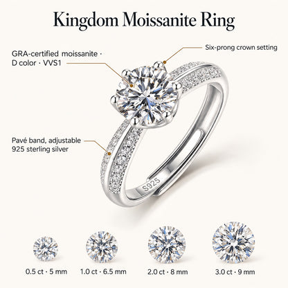 Kingdom moissanite ring: GRA-certified D color VVS1 moissanite, six-prong crown setting, pave band, adjustable 925 sterling silver; stone sizes 0.5 ct 5 mm, 1.0 ct 6.5 mm, 2.0 ct 8 mm, 3.0 ct 9 mm