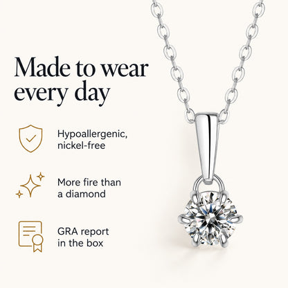 Six-Claws moissanite pendant: hypoallergenic nickel-free, more fire than a diamond, GRA report in the box