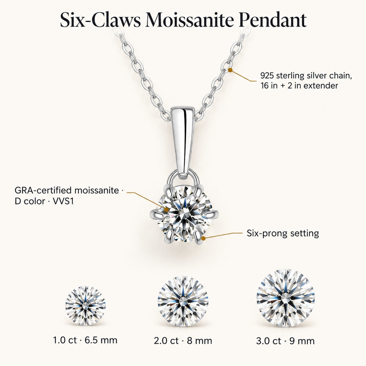 Six-Claws moissanite pendant: GRA-certified D color VVS1 moissanite, six-prong setting, 925 sterling silver chain 16 in plus 2 in extender; stone sizes 1.0 ct 6.5 mm, 2.0 ct 8 mm, 3.0 ct 9 mm