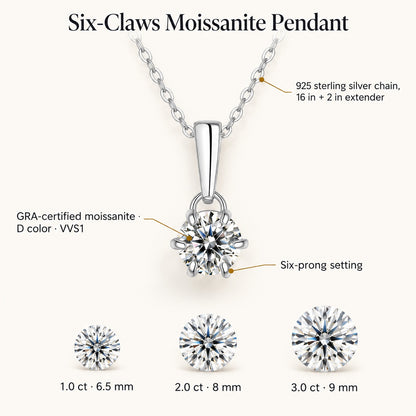 Six-Claws moissanite pendant: GRA-certified D color VVS1 moissanite, six-prong setting, 925 sterling silver chain 16 in plus 2 in extender; stone sizes 1.0 ct 6.5 mm, 2.0 ct 8 mm, 3.0 ct 9 mm