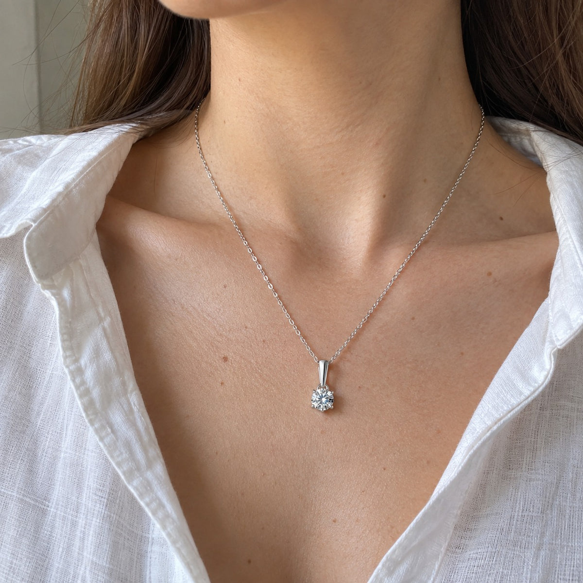 Six-Claws moissanite pendant necklace worn, true-to-size