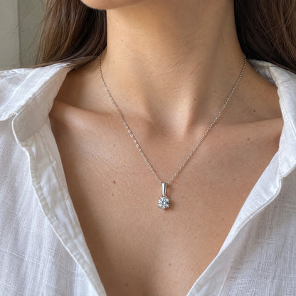 Six-Claws moissanite pendant necklace worn, true-to-size