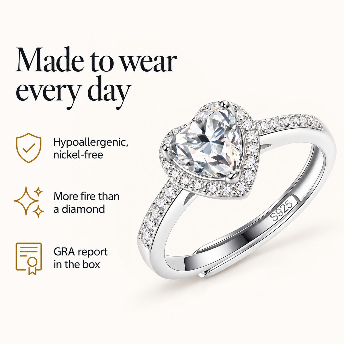 Heart Halo moissanite ring: hypoallergenic nickel-free, more fire than a diamond, GRA report in the box