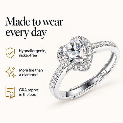 Heart Halo moissanite ring: hypoallergenic nickel-free, more fire than a diamond, GRA report in the box