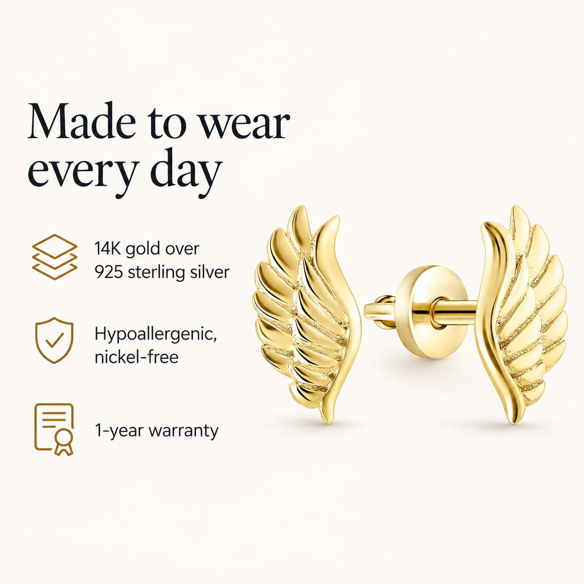 Golden Angel Wings studs: 14K gold over 925 sterling silver, hypoallergenic nickel-free, 1-year warranty