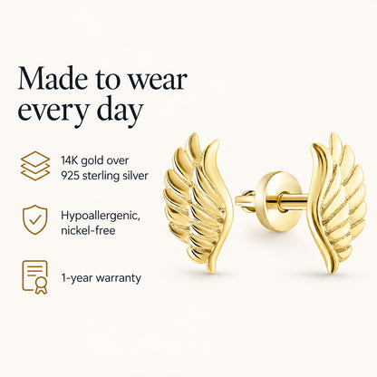 Golden Angel Wings studs: 14K gold over 925 sterling silver, hypoallergenic nickel-free, 1-year warranty