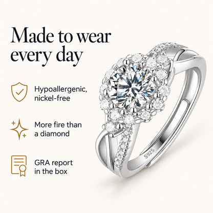 Together moissanite ring: hypoallergenic nickel-free, more fire than a diamond, GRA report in the box