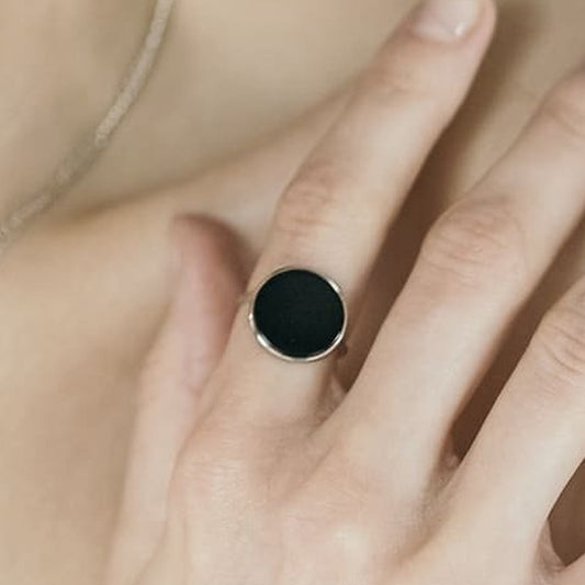 Black Onyx Ring Modern Minimalist, sterling silver, worn on hand