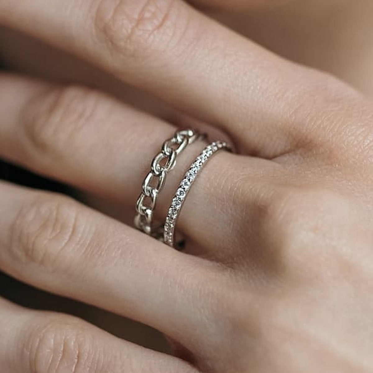 Cubic Zirconia Ring Chain & Pavé Duo, sterling silver, worn on hand