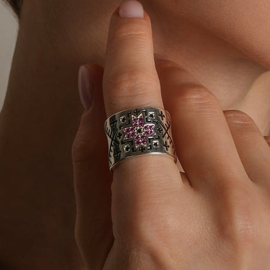 Cubic Zirconia Ring Vyshyvanka Star, sterling silver, worn on hand