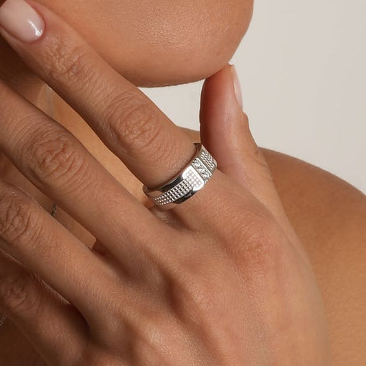 Cubic Zirconia Ring Mesh Trio, sterling silver, worn on hand