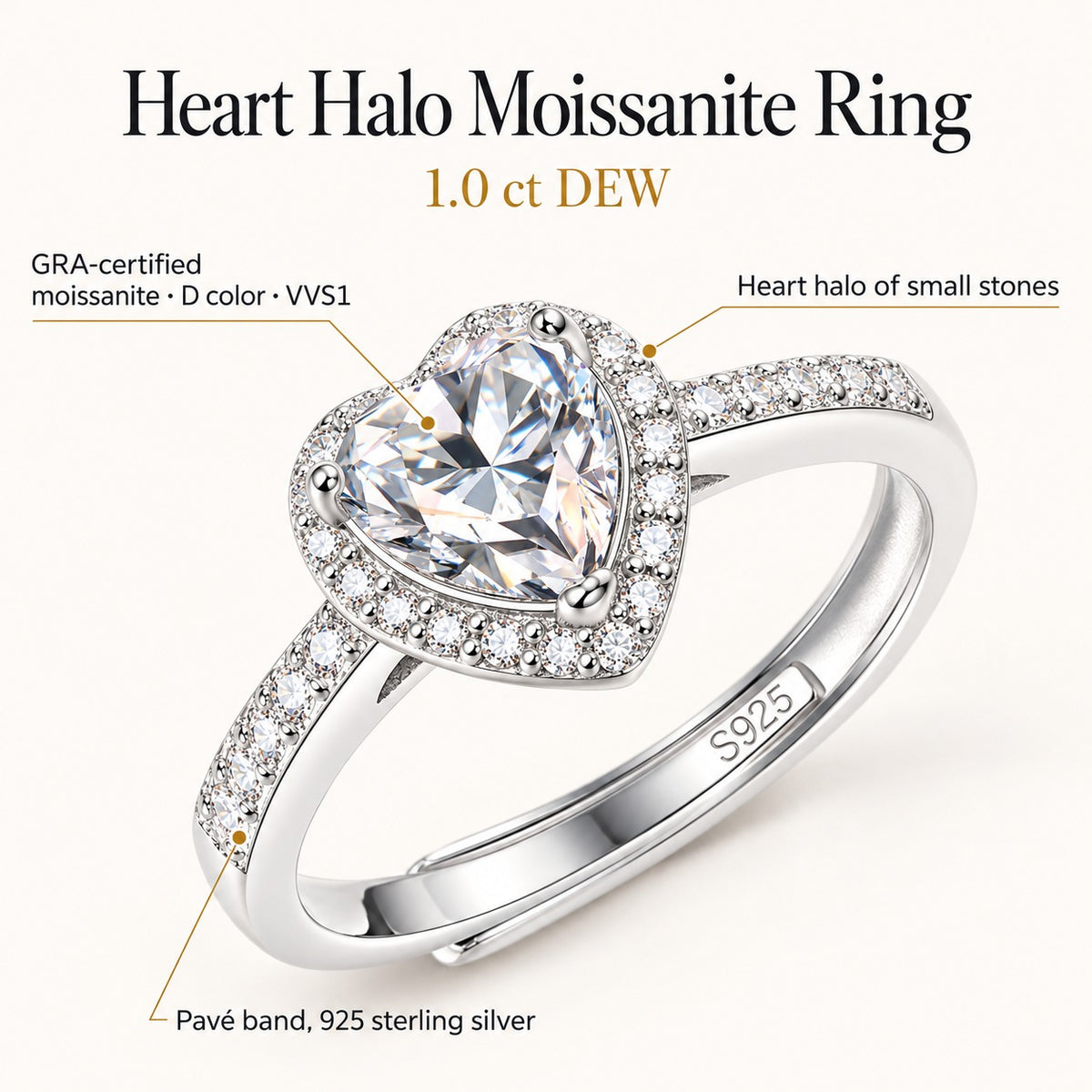 Heart Halo moissanite ring: 1.0 ct DEW GRA-certified D color VVS1 heart-cut moissanite, heart halo, pavé 925 sterling silver band