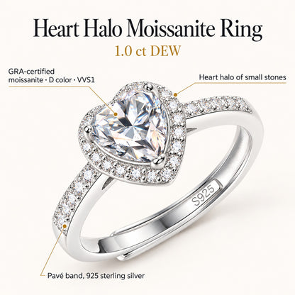 Heart Halo moissanite ring: 1.0 ct DEW GRA-certified D color VVS1 heart-cut moissanite, heart halo, pavé 925 sterling silver band