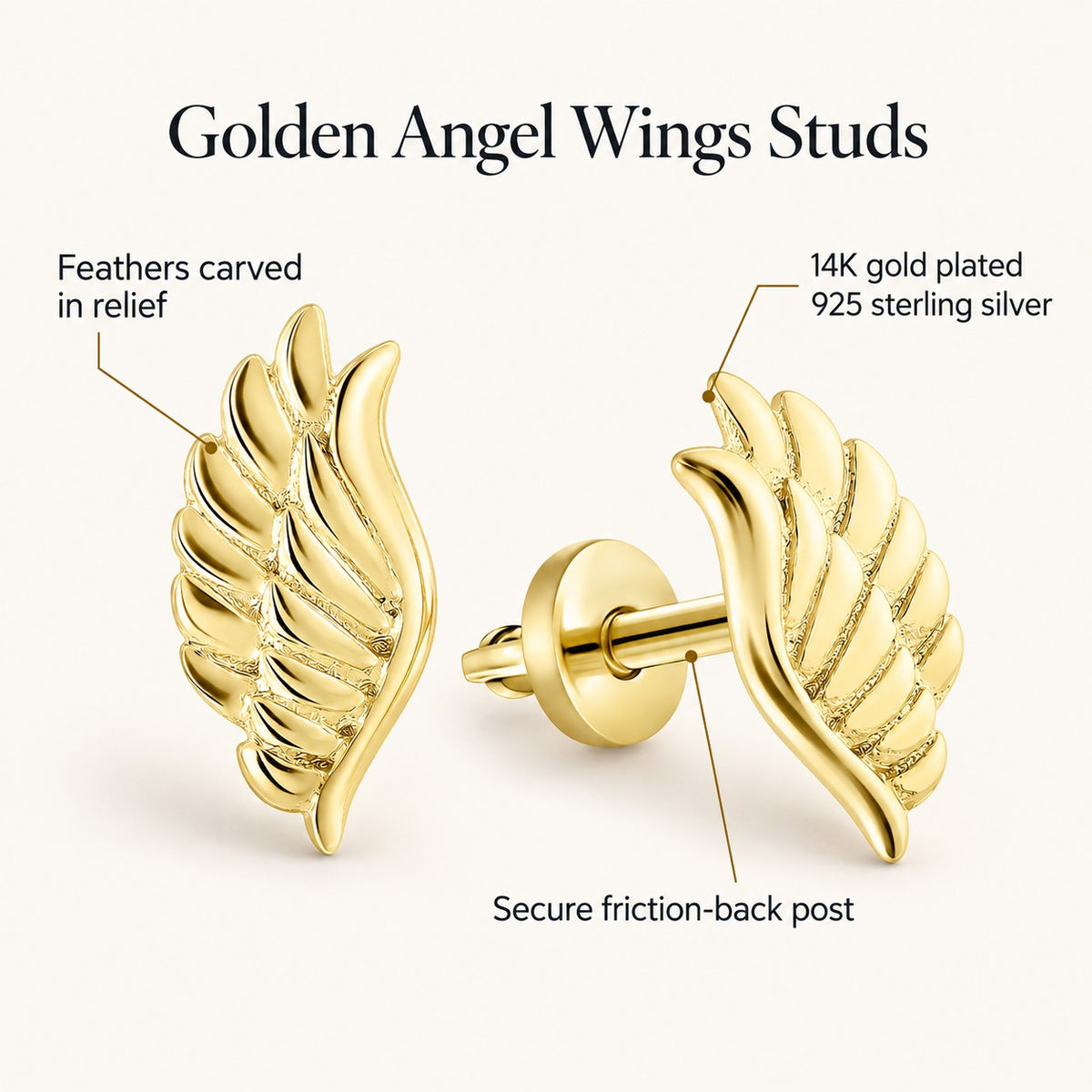 Golden Angel Wings studs: feathers carved in relief, 14K gold plated 925 sterling silver, secure friction-back posts