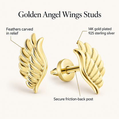 Golden Angel Wings studs: feathers carved in relief, 14K gold plated 925 sterling silver, secure friction-back posts
