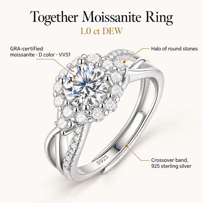 Together moissanite ring: 1.0 ct DEW GRA-certified D color VVS1 moissanite, halo of round stones, crossover 925 sterling silver band