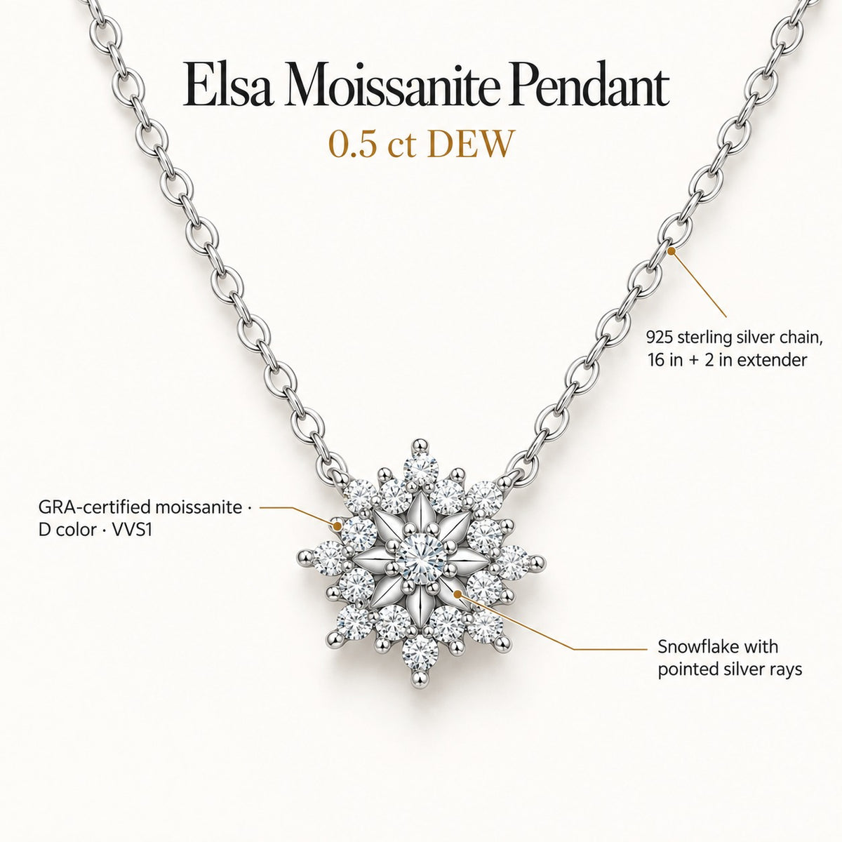 Elsa moissanite pendant: 0.5 ct DEW GRA-certified D color VVS1 moissanites in a snowflake, 925 sterling silver chain 16 in + 2 in extender