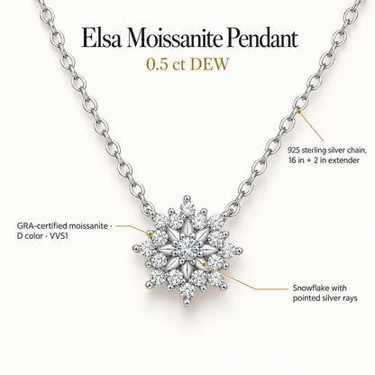 Elsa moissanite pendant: 0.5 ct DEW GRA-certified D color VVS1 moissanites in a snowflake, 925 sterling silver chain 16 in + 2 in extender