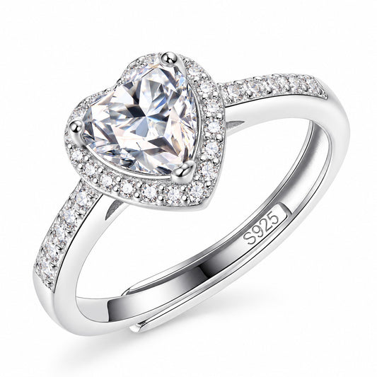 Heart Halo moissanite engagement ring in 925 sterling silver, heart-cut center stone with a halo and pavé band, S925 hallmark