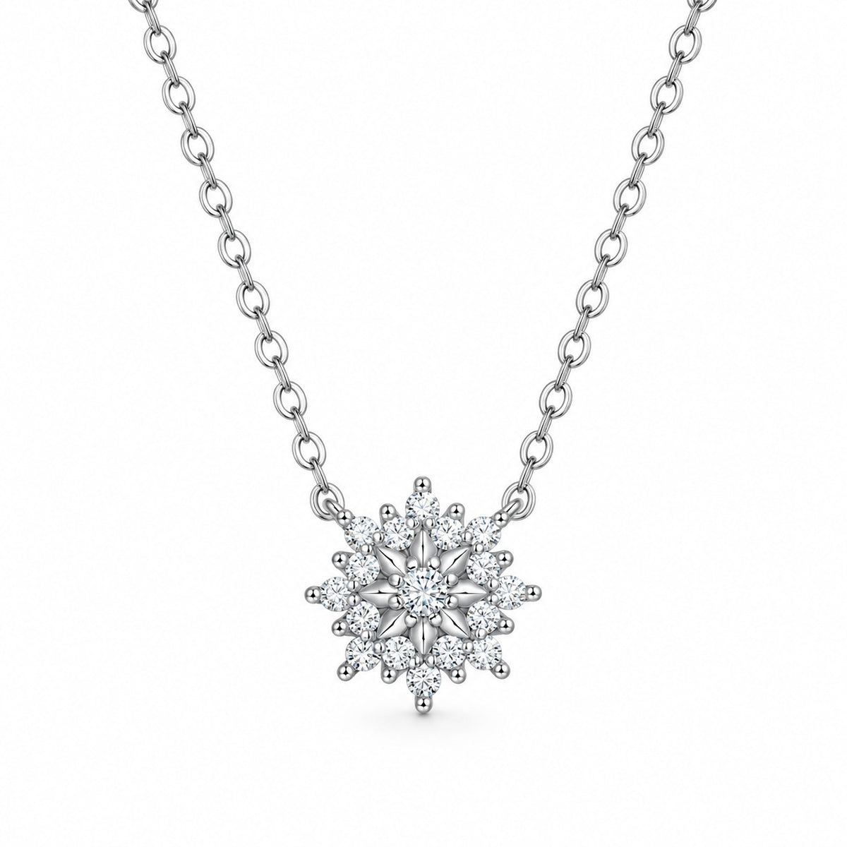 Elsa snowflake moissanite pendant necklace in 925 sterling silver on a fine cable chain