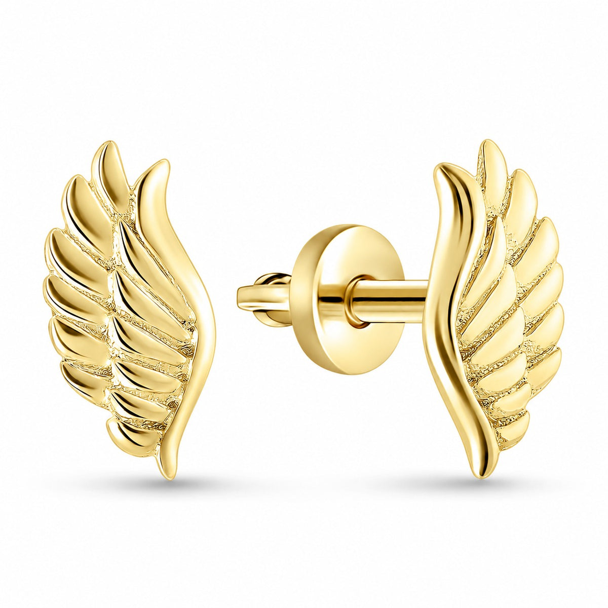 Golden Angel Wings stud earrings, 14K gold plated 925 sterling silver, feathers carved in relief