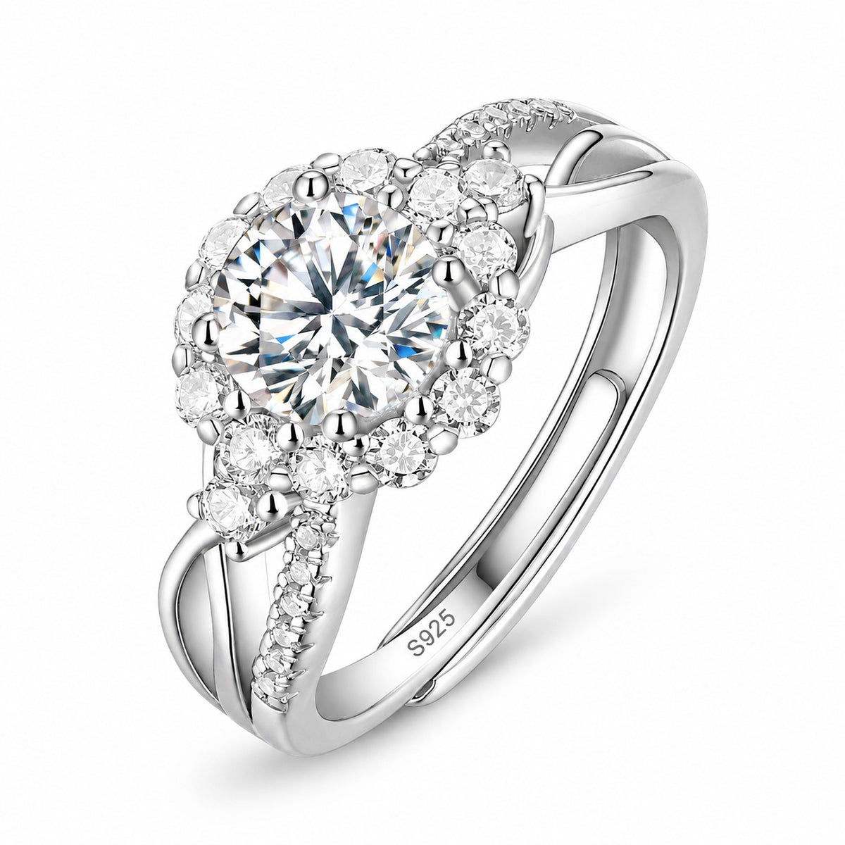 Together moissanite engagement ring in 925 sterling silver, round center stone with a halo and crossover band, S925 hallmark