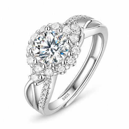 Together moissanite engagement ring in 925 sterling silver, round center stone with a halo and crossover band, S925 hallmark