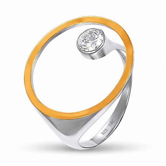 Golden Orbit ring: 925 sterling silver band with a 14K gold bonded open circle and a bezel-set cubic zirconia