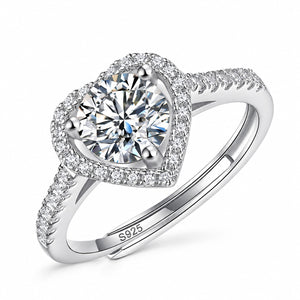 Heartfelt moissanite engagement ring: round moissanite in a heart-shaped halo, pavé 925 sterling silver adjustable band