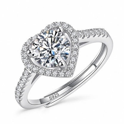 Heartfelt moissanite engagement ring: round moissanite in a heart-shaped halo, pavé 925 sterling silver adjustable band