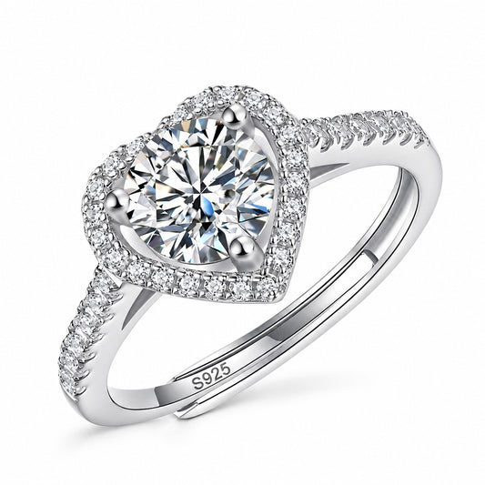 Heartfelt moissanite engagement ring: round moissanite in a heart-shaped halo, pavé 925 sterling silver adjustable band