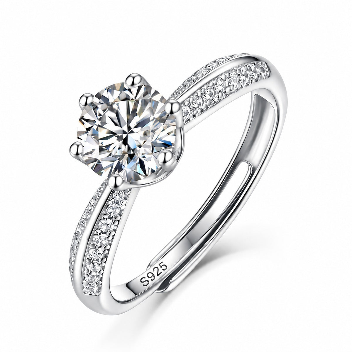 Kingdom moissanite engagement ring: round moissanite in a six-prong crown setting, pavé 925 sterling silver adjustable band