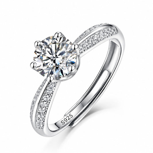 Kingdom moissanite engagement ring: round moissanite in a six-prong crown setting, pavé 925 sterling silver adjustable band