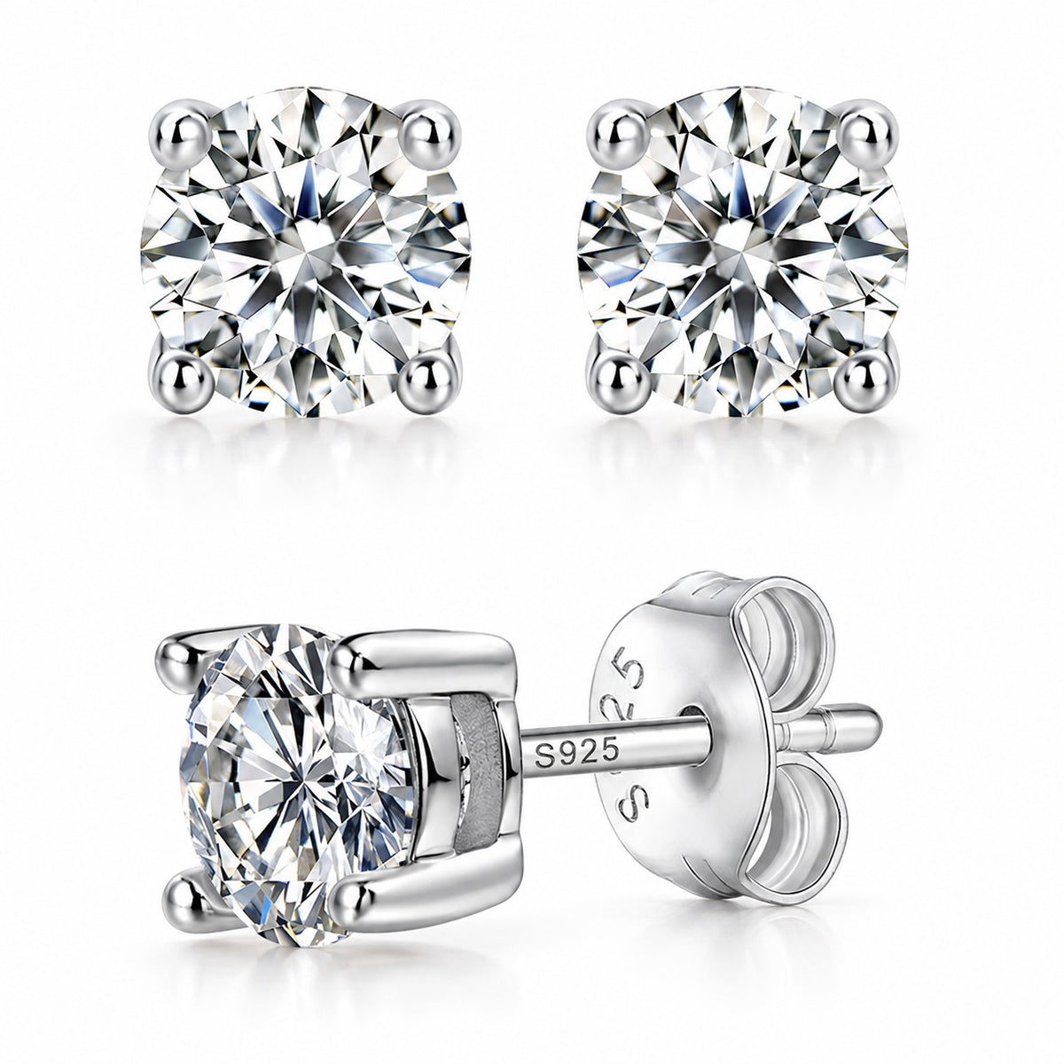 Pure Love moissanite stud earrings in 925 sterling silver, four-prong setting