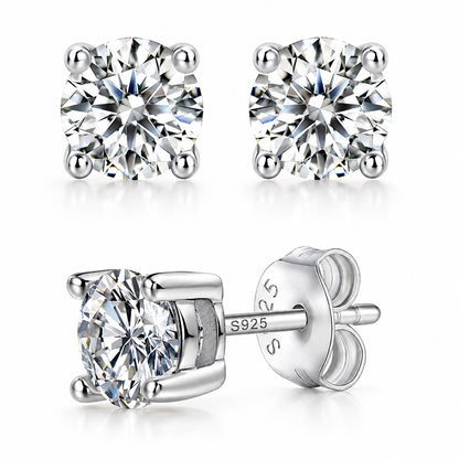 Pure Love moissanite stud earrings in 925 sterling silver, four-prong setting