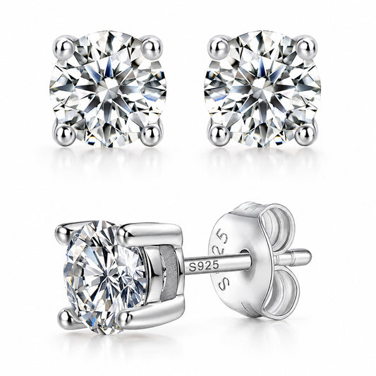 Pure Love moissanite stud earrings in 925 sterling silver, four-prong setting