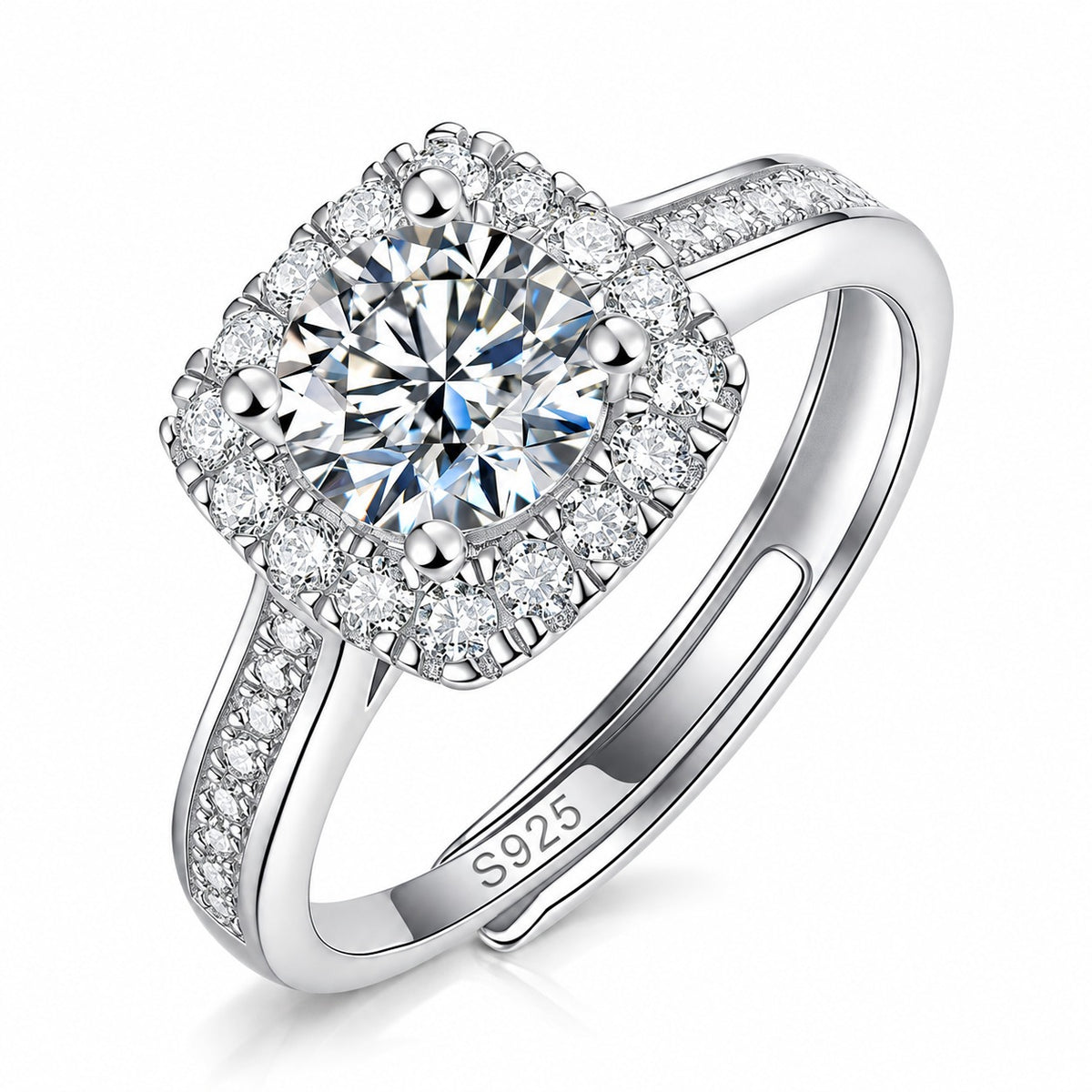 Quadro moissanite engagement ring: round moissanite in a square halo, pavé 925 sterling silver adjustable band