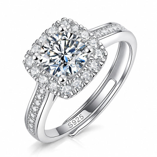 Quadro moissanite engagement ring: round moissanite in a square halo, pavé 925 sterling silver adjustable band