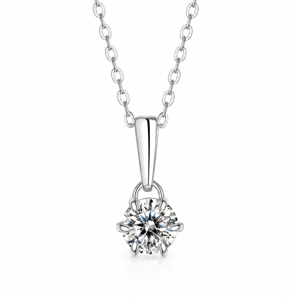 Six-Claws moissanite pendant necklace: round moissanite in six prongs under a slim bail, 925 sterling silver chain